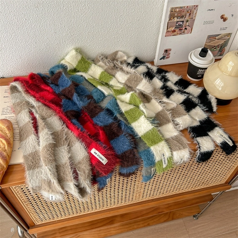 Dames Y2K Schaakbord Pluche Smalle Sjaal Koreaanse Stijl Lange Faux Nertsbont Nekwarmer Zachte Warme Mode Sjaal Voor De Winter