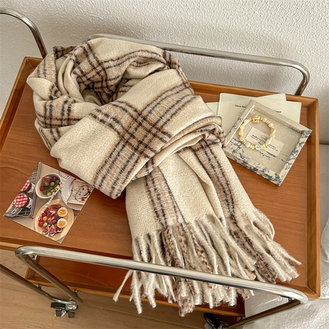 Dames Retro Geruite Wintersjaal Warm Bouclé Garen Kwastjes Omslagdoek Vintage Geruit Omslagdoek Voor Dames