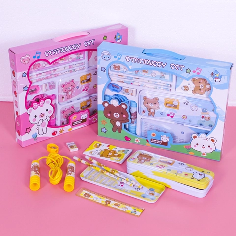 Boîte Cadeau Papeterie Ours Dessin Animé Avec Trousse Métal Corde À Sauter Crayons Bois Règle Gomme Et Petit Carnet
