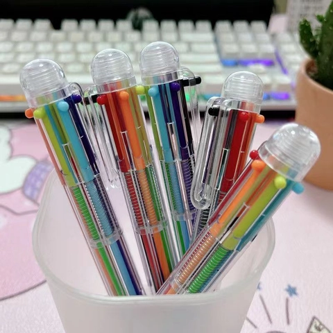 Multikleur 6-In-1 Intrekbare Balpen Transparante Kunststof Huls 0.5mm Naaldpunt Voor Studenten Schrijven School Kantoorbenodigdheden