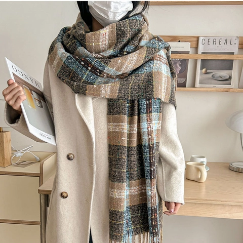 Sciarpa in Imitazione Cashmere a Quadri Retro per Donna Inverno Caldo Scialle con Nappe Morbida Pashmina Collo Elegante