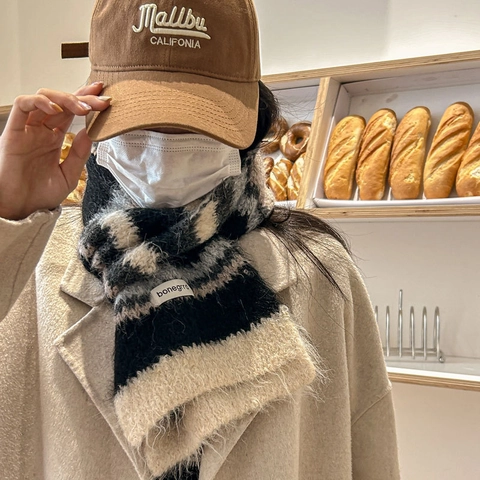 Women Striped Knitted Winter Scarf Wool Blend Warm Soft Mohair Style Long Neck Wrap For Cold Weather Ladies Accessories