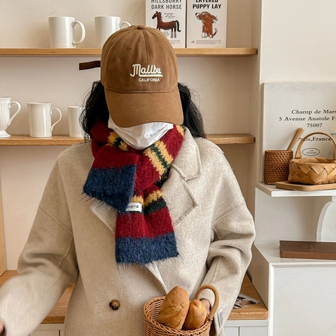 Women Striped Knitted Winter Scarf Wool Blend Warm Soft Mohair Style Long Neck Wrap For Cold Weather Ladies Accessories