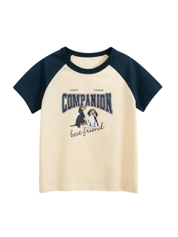 T-Shirt Met Korte Mouwen Voor Kinderen Katoen Cartoon Hond Print Raglan Contrast Kleur Ronde Hals Casual Tops