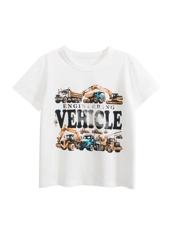 Boys T-Shirt Pure Cotton Short Sleeve Round Neck Cartoon Engineering Vehicle Excavator Print Summer Casual Tops