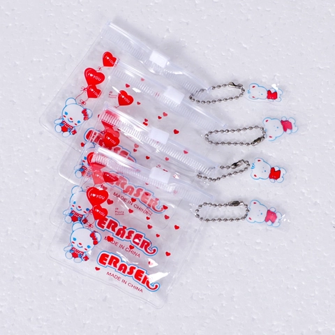 Mini Transparente PVC Reißverschlusstasche Süßer Cartoon Bär Herz Muster Radiergummi Aufbewahrungstasche Schlüsselanhänger Anhänger
