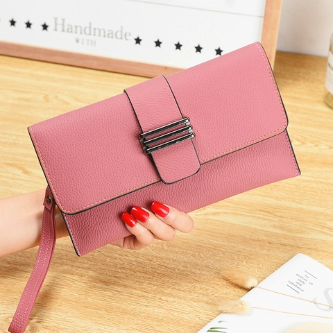 Long Portefeuille pour Femmes Pochette en Cuir PU Grainé Étui de Téléphone Avec Dragonne Décor de Barre en Métal Sac Enveloppe
