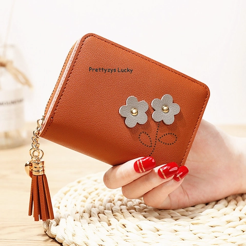 Women Short PU Leather Wallet Floral Patchwork Tassel Zipper Coin Purse Heart Charm Litchi Grain Small Money Clip Gift
