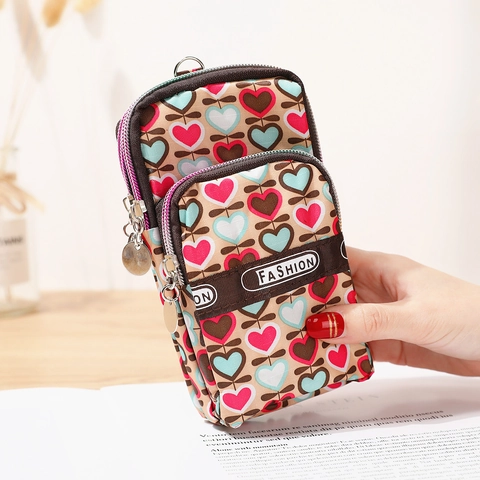 Mobile Phone Bag Waterproof Nylon Crossbody Mini Purse Multiple Zipper Layers Floral Printed Heart Pattern Portable Casual