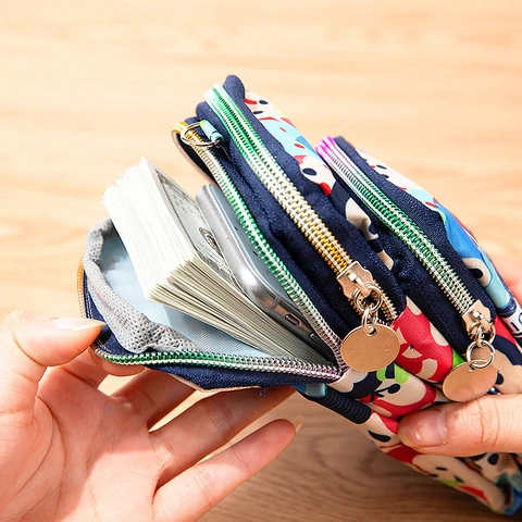 Mobile Phone Bag Waterproof Nylon Crossbody Mini Purse Multiple Zipper Layers Floral Printed Heart Pattern Portable Casual