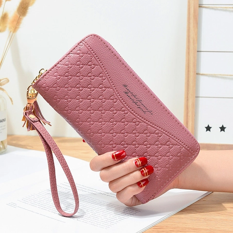 Damen Lange Brieftasche Kunstleder Handtasche Mit Handgelenkschlaufe Quaste Geprägtem Muster Für Damen Täglich Reisen Geschenk