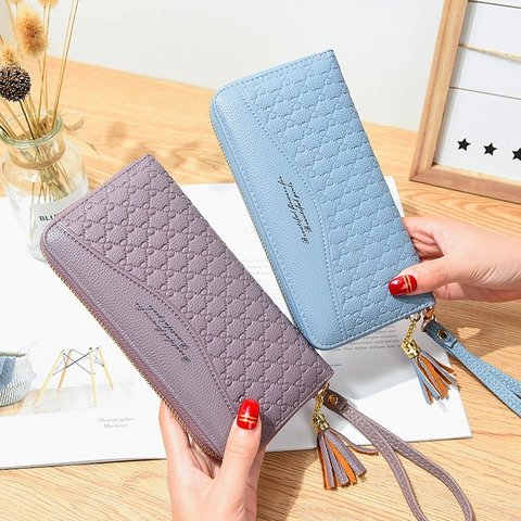 Damen Lange Brieftasche Kunstleder Handtasche Mit Handgelenkschlaufe Quaste Geprägtem Muster Für Damen Täglich Reisen Geschenk