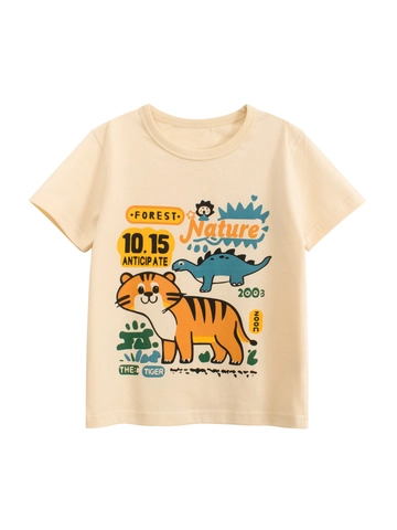 Jungen Cartoon Tiger Dinosaurier Druck T-Shirt 100% Baumwolle Kurzarm Rundhals Sommer Lässig Kleinkind Top