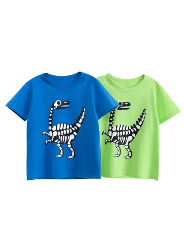 Kids Short Sleeve T-Shirt 100% Cotton Round Neck Dinosaur Skeleton Print Cartoon Summer Casual Top For Boys