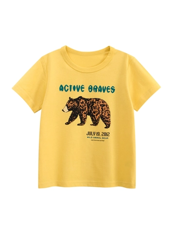 Maglietta a Maniche Corte da Ragazzo in Cotone Con Grafica Orso ACTIVE BRAVES Stampa Giallo Kids Casual Estivo