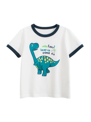T-shirt In Cotone Per Ragazzi Maniche Corte Stampa Dinosauro Cartone Animato Girocollo Estate Top Bianco Casual