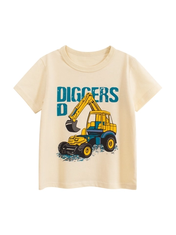 Boys Cotton T-Shirt Short Sleeve Excavator Print Casual Crew Neck Summer Top For Toddlers Kids