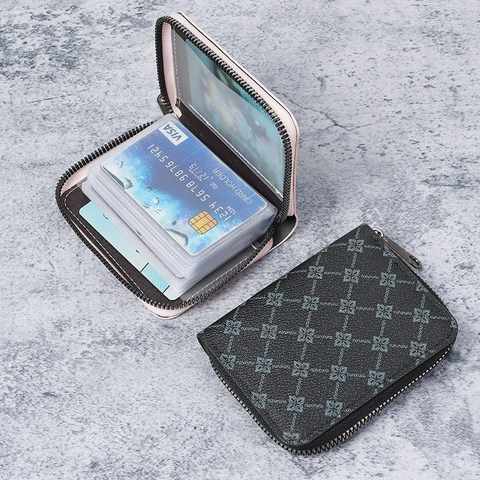 Retro PU Leather Zipper Card Holder Multi Slot Accordion Wallet Geometric Floral Print Credit Card Case ID Organizer