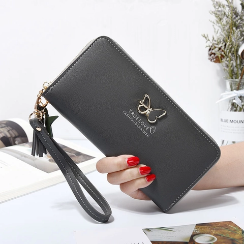 Cartera Larga para Mujer de Gran Capacidad de Cuero PU con Herrajes de Mariposa Calados Bolso de Mano con Cremallera y Borla de Estrella