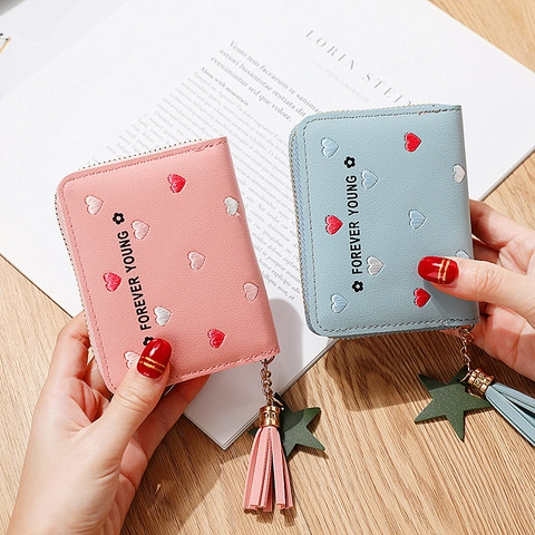 Women's Fashion Heart Embroidery PU Leather Short Zipper Wallet Tassel Star Pendant Large Capacity Card Holder Coin Purse