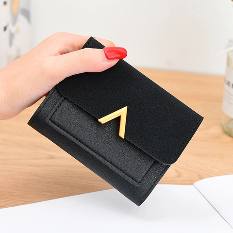 Women Short Wallet Frosted PU Leather Tri-fold Card Holder With Metal V-Buckle Elegant Compact Purse For Ladies Students