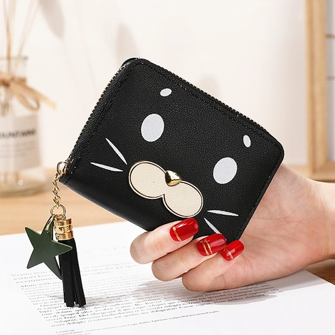 Women Small PU Leather Wallet Cute Cartoon Animal Face Coin Purse With Tassel Star Charm Short Bifold Zipper Card Holder