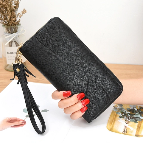 Cartera Larga para Mujer de Cuero PU con Relieve de Hojas Monedero con Cremallera y Borla Bolso de Mano con Pulsera Regalo