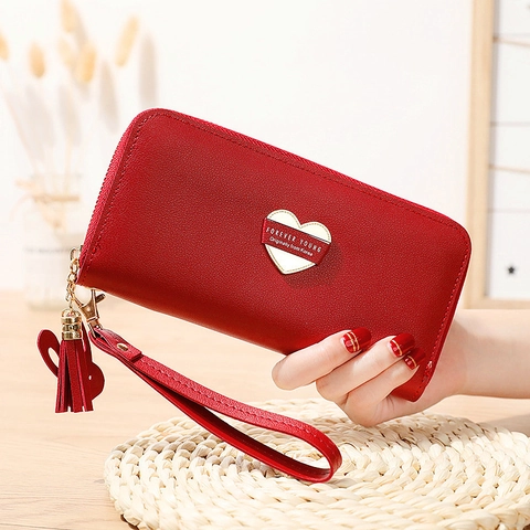 Women Long Wallet Litchi Grain PU Leather Zip Around Clutch Bag With Wrist Strap Tassel Heart Decor