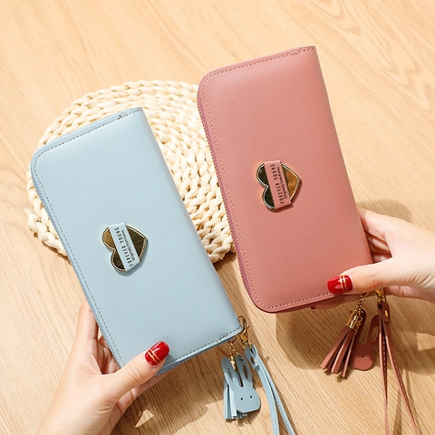 Women Long Wallet Litchi Grain PU Leather Zip Around Clutch Bag With Wrist Strap Tassel Heart Decor