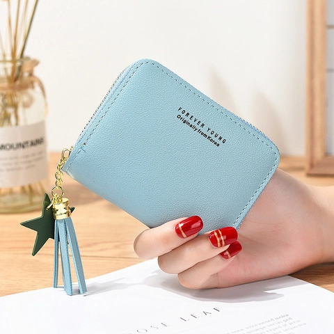 Petit Portefeuille Femme Cuir PU Fermeture Éclair Porte-Monnaie Avec Gland Pendentif Étoile Style Coréen Mini Porte-Cartes