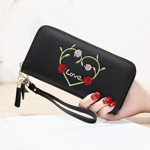 Cartera Larga De Moda Para Mujer Cuero PU Bordado Corazón Flor Love Monedero Con Cremallera Correa De Mano Borla Estrella