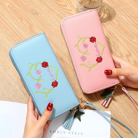 Cartera Larga De Moda Para Mujer Cuero PU Bordado Corazón Flor Love Monedero Con Cremallera Correa De Mano Borla Estrella