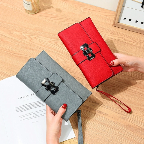 Damen Lange Geldbörse Clutch Tasche Lychee Muster PU Leder Große Kapazität Handgelenkschlaufe Metall Schleife Dekor