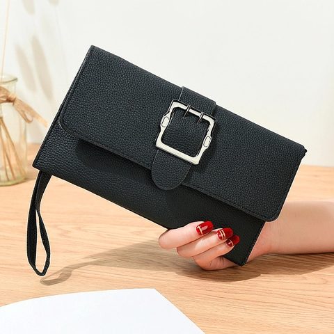 Women PU Leather Litchi Pattern Long Wallet Clutch Bag With Metal Square Buckle Multi Card Slots Phone Holder Handbag