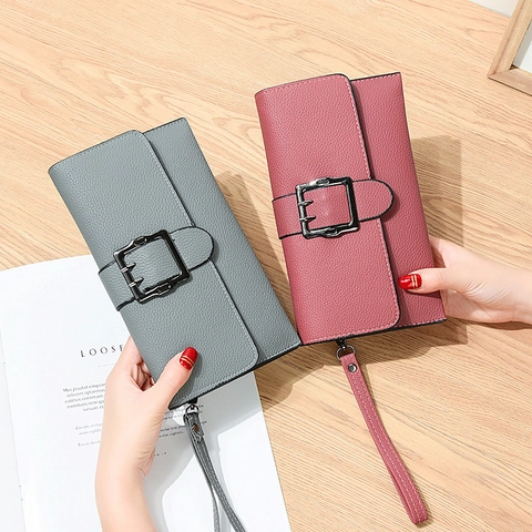 Women PU Leather Litchi Pattern Long Wallet Clutch Bag With Metal Square Buckle Multi Card Slots Phone Holder Handbag