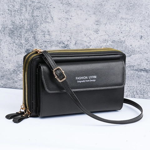 Women PU Leather Crossbody Phone Bag Fashion Double Zipper Wallet With Adjustable Shoulder Strap Small Shoulder Handbag
