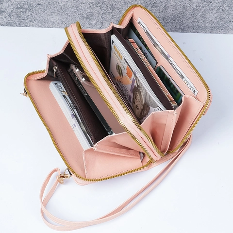 Women PU Leather Crossbody Phone Bag Fashion Double Zipper Wallet With Adjustable Shoulder Strap Small Shoulder Handbag