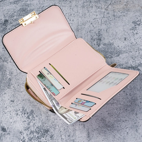 Moda Donna Portafoglio in Pelle PU Grande Capacità Multi-Card Clutch Con Chiusura in Metallo E Cerniera Elegante Porta Carte Tinta Unita