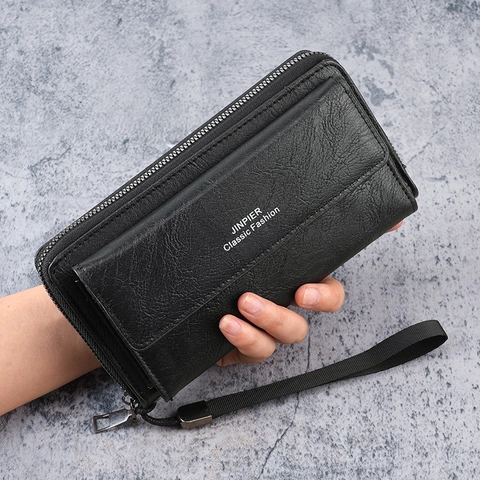 Men Long Wallet PU Leather Clutch Zipper Multi Card Slots Phone Holder Business Casual Large Capacity Storable Hand Bag With Wristlet