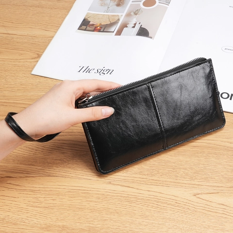 Portafoglio Lungo da Donna con Cerniera in Pelle PU Trama a Cera d'Olio Grande Capacità Pochette con Cinturino da Polso Multi Slot per Carte