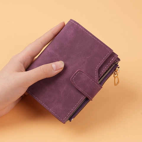 Women's Retro Frosted PU Leather Short Wallet With Multi-Card Slots Metal Zipper Coin Purse Minimalist Solid Color Ladies Billfold