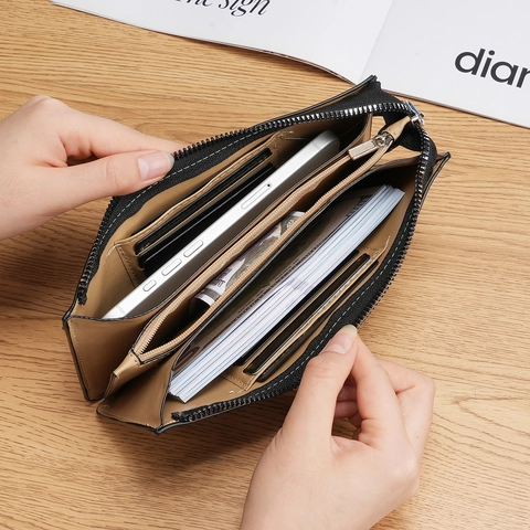 Portafoglio Lungo da Donna con Cerniera in Pelle PU Trama a Cera d'Olio Grande Capacità Pochette con Cinturino da Polso Multi Slot per Carte