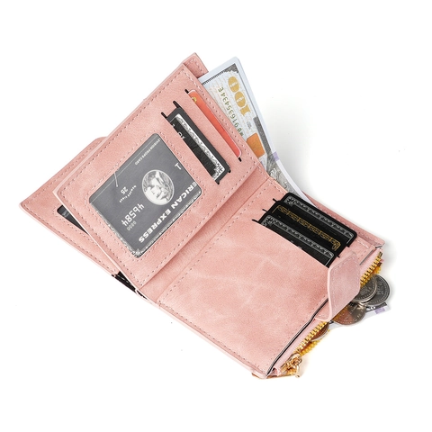Women's Retro Frosted PU Leather Short Wallet With Multi-Card Slots Metal Zipper Coin Purse Minimalist Solid Color Ladies Billfold
