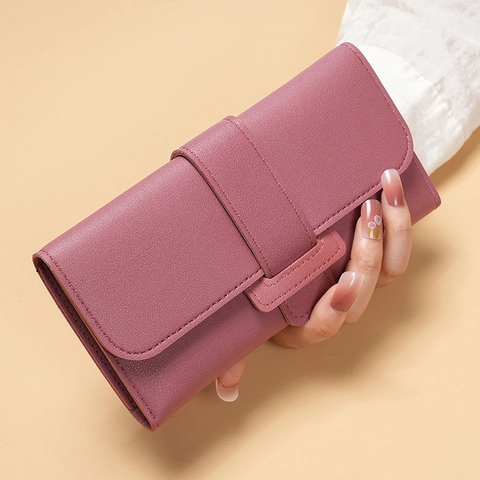 Women Long Wallet PU Leather Foldable Flap Buckle Card Holder Multi Slot Elegant Korean Style Clutch Purse