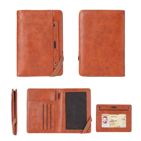 Multifunctional PU Leather Passport Holder Travel Wallet Document Organizer With Elastic Band Plane Embossed Card Cover