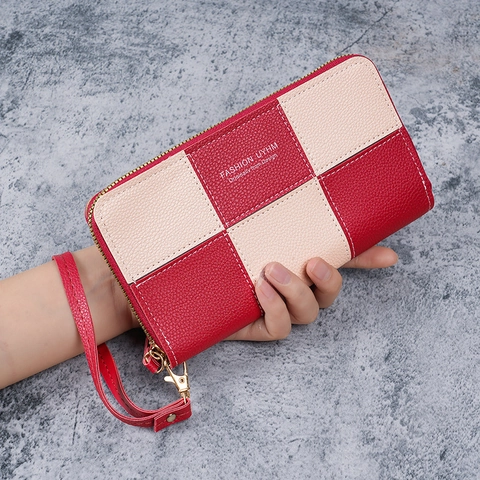 Portafoglio Lungo da Donna Fashion Patchwork Grande Capacità Con Cinturino da Polso Trama Litchi in Pelle PU Porta Carte Borsa