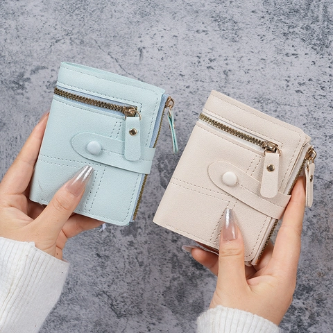 Women Short Wallet PU Leather Zipper Coin Purse Multi Card Holder Button Closure Solid Color Minimalist Slim Purse Lady Gift