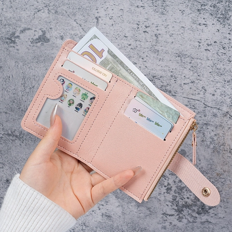 Women Short Wallet PU Leather Zipper Coin Purse Multi Card Holder Button Closure Solid Color Minimalist Slim Purse Lady Gift