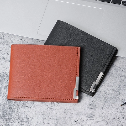 Cartera Corta Para Hombre Cuero PU Textura Lichi Business Casual Portatarjetas Clip Para Dinero Decoración De Esquina Metálica