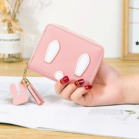 Rabbit Ears Mini Coin Purse Cute PU Leather Zipper Small Wallet Tassel Pendant Kawaii Card Holder Women